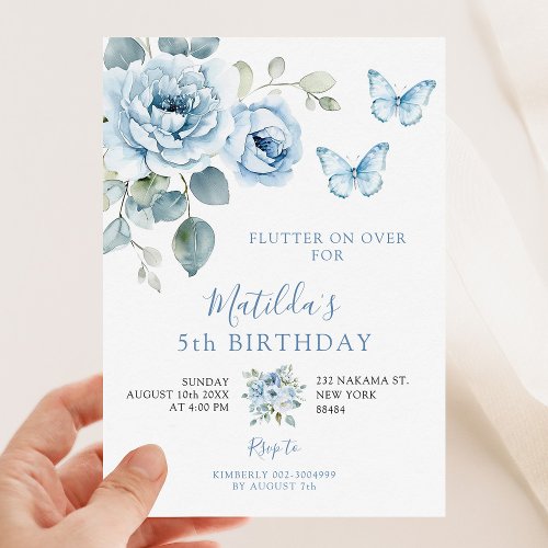Dusty Blue Flowers Flutter on Over Birthday Invitation