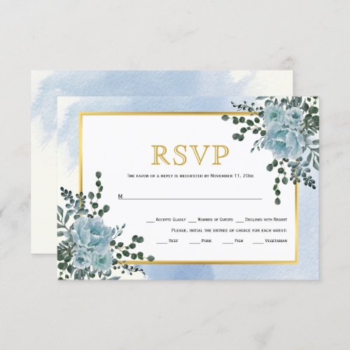 Dusty blue flowers gold frame floral wedding RSVP card