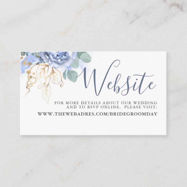 Dusty Blue Flowers Gold Greenery Wedding Website Enclosure Card (Front)