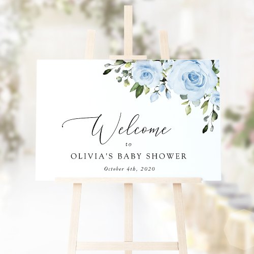 Dusty Blue Flowers Greenery Baby Shower Welcome Poster