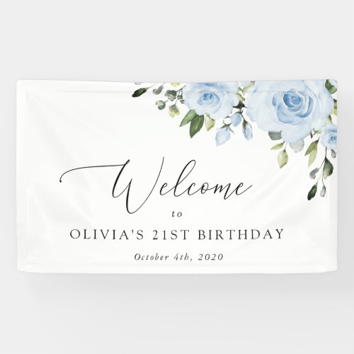 Dusty Blue Flowers Greenery Birthday Welcome Banner