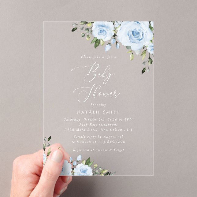 Dusty Blue Flowers, Greenery, Boho, Baby Shower Acrylic Invitations (Insitu (Handheld))