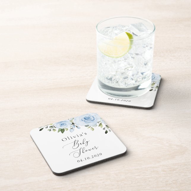 Dusty Blue Flowers, Greenery, Boho, Baby Shower Beverage Coaster (Right Side)