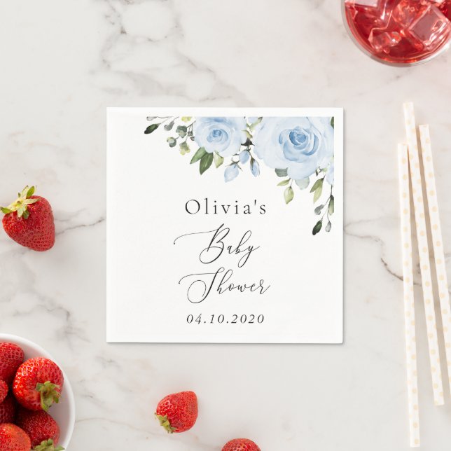 Dusty Blue Flowers, Greenery, Boho, Baby Shower Napkins (Insitu)