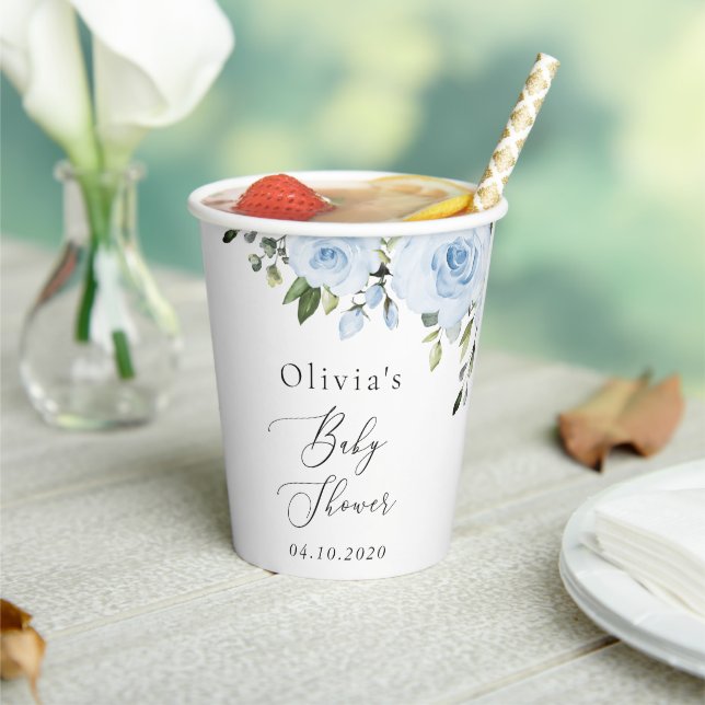 Dusty Blue Flowers, Greenery, Boho, Baby Shower Paper Cups (Insitu)