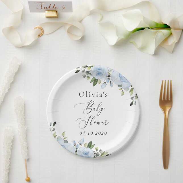 Dusty Blue Flowers, Greenery, Boho, Baby Shower Paper Plates (Wedding)