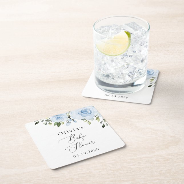 Dusty Blue Flowers, Greenery, Boho, Baby Shower Square Paper Coaster (Insitu)