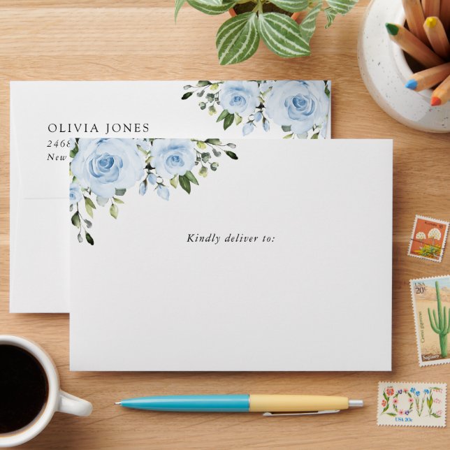 Dusty Blue Flowers, Greenery, Boho, Birthday Envelope (Desk)