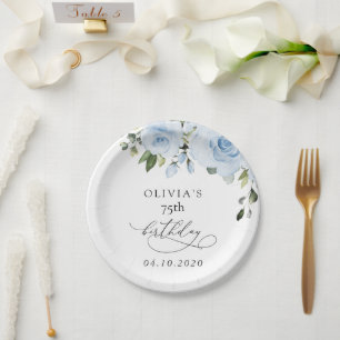 Dusty Blue Flowers, Greenery, Boho, Birthday Paper Plates