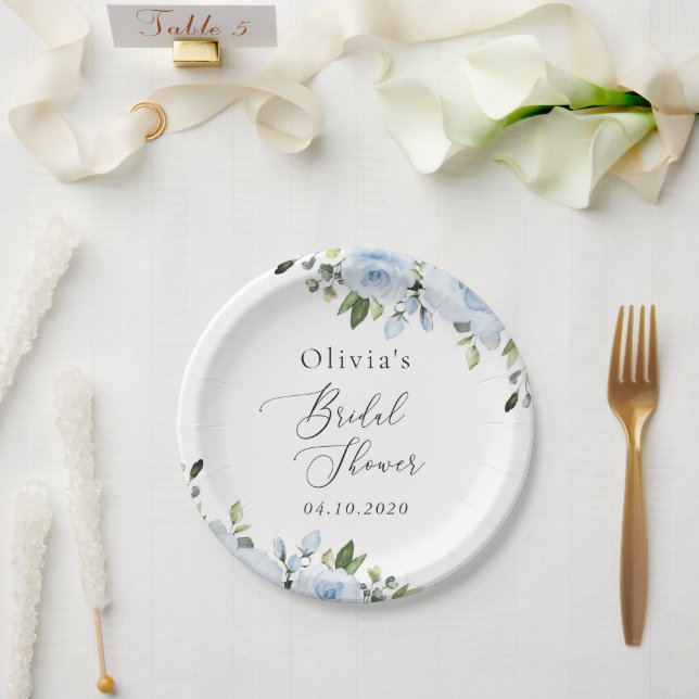Dusty Blue Flowers, Greenery, Boho, Bridal Shower Paper Plates (Wedding)