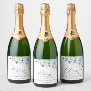 Dusty Blue Flowers, Greenery, Boho, Bridal Shower Sparkling Wine Label