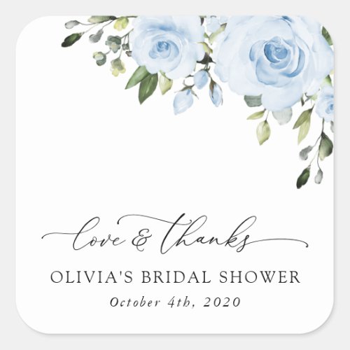 Dusty Blue Flowers Greenery Boho Bridal Shower Square Sticker