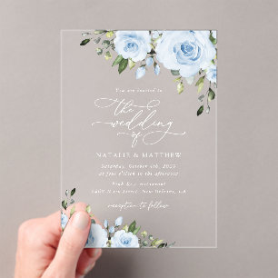 Dusty Blue Flowers, Greenery, Boho, Floral Wedding Acrylic Invitations