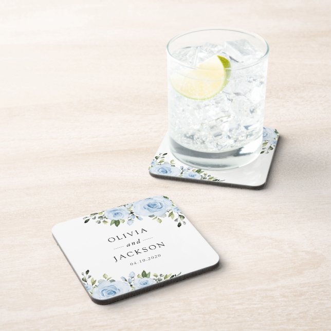 Dusty Blue Flowers, Greenery, Boho, Floral Wedding Beverage Coaster (Right Side)