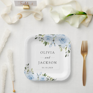 Dusty Blue Flowers, Greenery, Boho, Floral Wedding Paper Plates