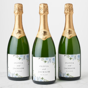 Dusty Blue Flowers, Greenery, Boho, Floral Wedding Sparkling Wine Label