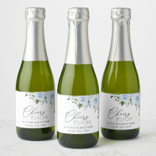 Dusty Blue Flowers, Greenery, Boho, Floral Wedding Sparkling Wine Label