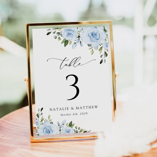 Dusty Blue Flowers Greenery Boho Floral Wedding Table Number