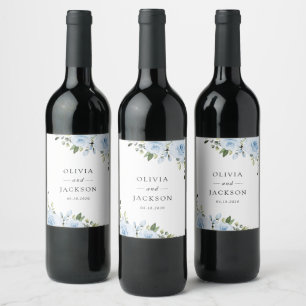 Dusty Blue Flowers, Greenery, Boho, Floral Wedding Wine Label