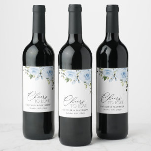 Dusty Blue Flowers, Greenery, Boho, Floral Wedding Wine Label