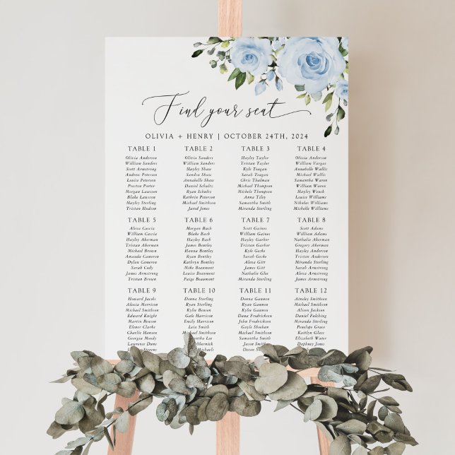 Dusty Blue Flowers, Greenery, Boho, Seating Chart Foam Board (Creator Uploaded)