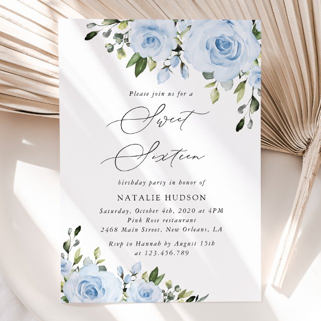 Dusty Blue Flowers, Greenery, Boho, Sweet 16 Invitation (Creator Uploaded)