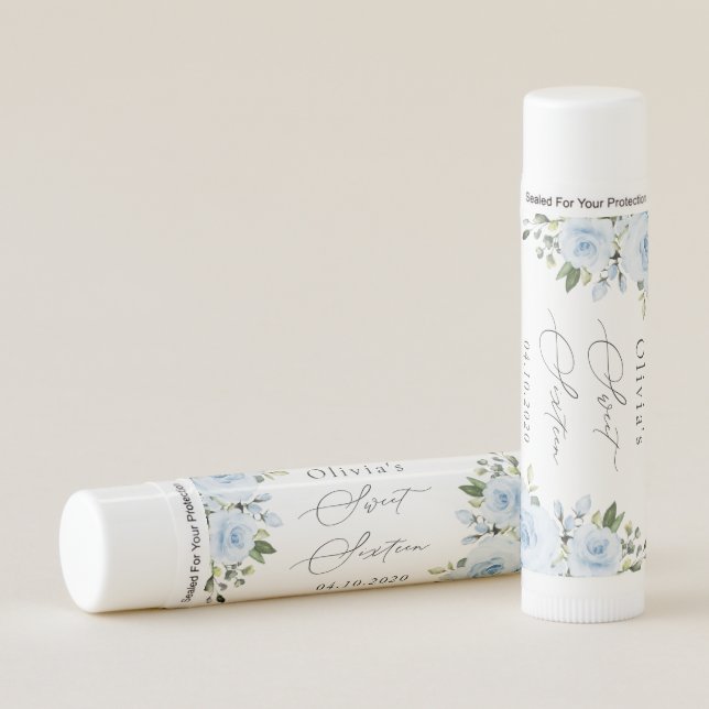 Dusty Blue Flowers, Greenery, Boho, Sweet 16 Lip Balm (Front)