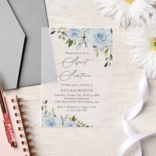 Dusty Blue Flowers, Greenery, Boho, Sweet 16 Vellum Invitations
