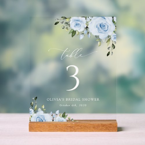 Dusty Blue Flowers Greenery Boho Table Numbers Acrylic Sign