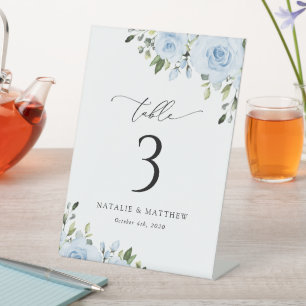 Dusty Blue Flowers, Greenery, Boho, Table Numbers Pedestal Sign