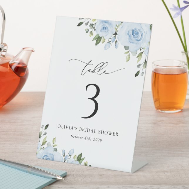 Dusty Blue Flowers, Greenery, Boho, Table Numbers Pedestal Sign (In SItu)