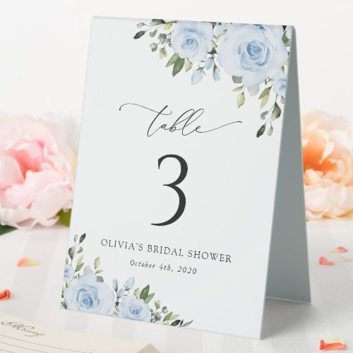 Dusty Blue Flowers Greenery Boho Table Numbers Table Tent Sign