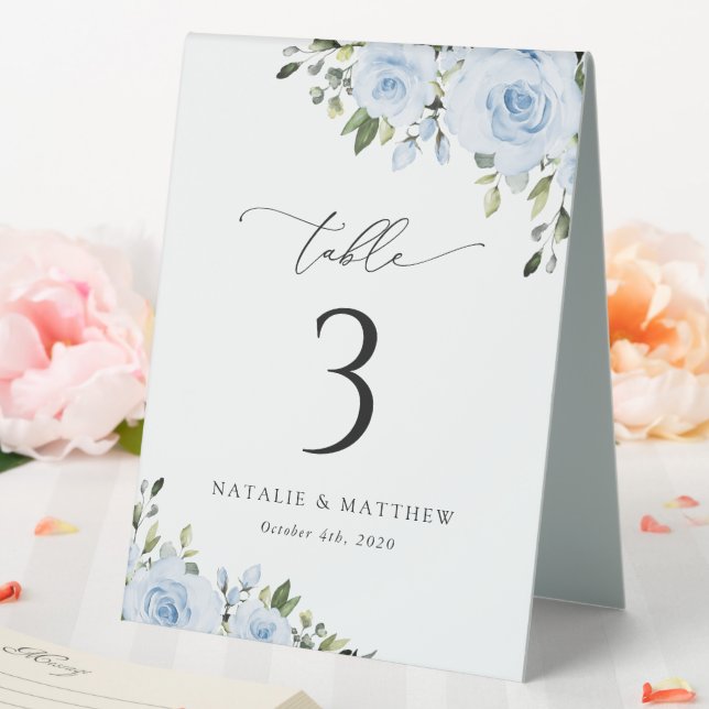 Dusty Blue Flowers, Greenery, Boho, Table Numbers Tent (In SItu (Wedding))