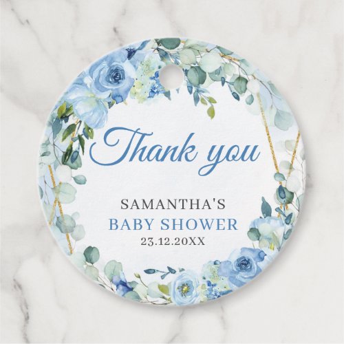 Dusty blue flowers greenery gold frame baby shower favor tags