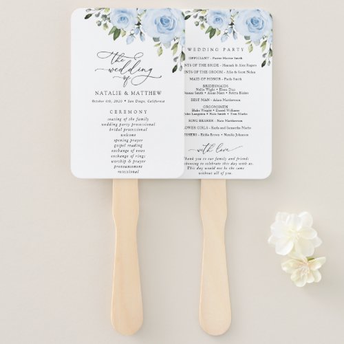 Dusty Blue Flowers Greenery Wedding Program Hand Fan