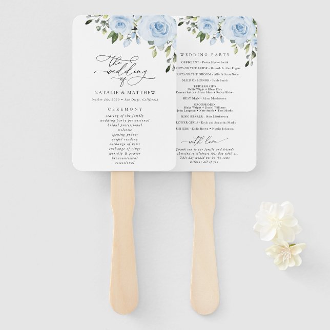 Dusty Blue Flowers, Greenery, Wedding Program Hand Fan (Front and Back)