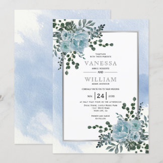 Dusty blue flowers, leaves floral winter wedding invitation