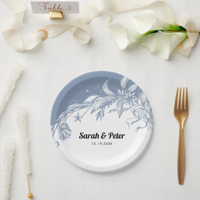 Dusty blue flowers modern typography wedding paper plates (Wedding)