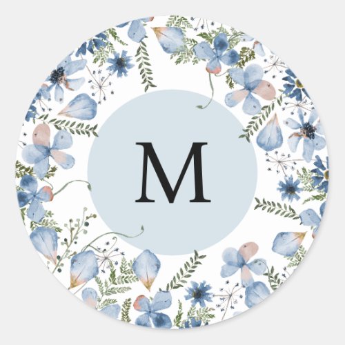 Dusty Blue Flowers Monogram Round Envelope Seal