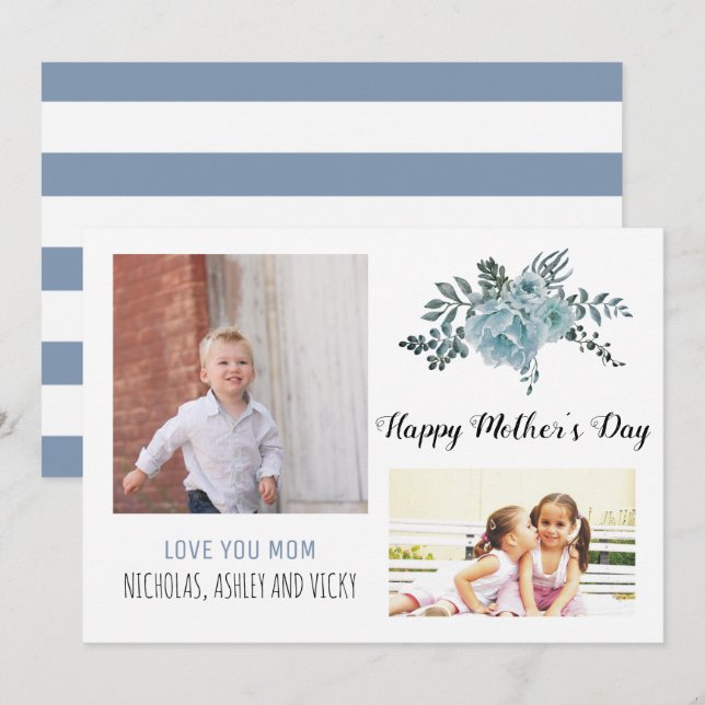 Dusty blue flowers Mother's Day floral photo Card (Front/Back)