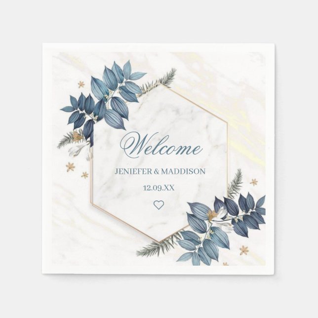 Dusty Blue Flowers Personalized Wedding Welcome  Napkins (Front)