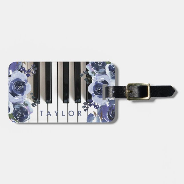 dusty blue flowers piano design luggage tag (Front Horizontal)
