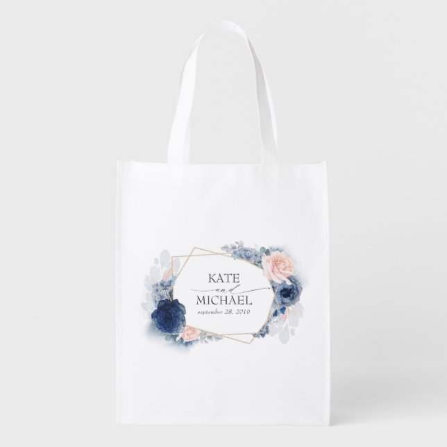 Dusty Blue Flowers Pink Modern Special Occasion Grocery Bag (Front)