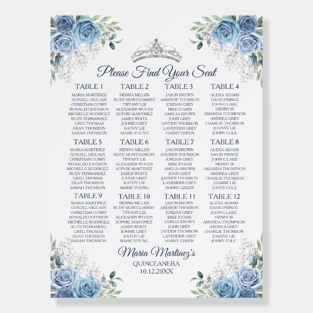 Dusty Blue Flowers Quinceañera Seating Chart Foam Board (Front)