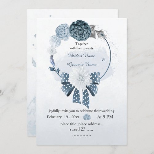 dusty blue flowers  ribbon floral wreath wedding invitation