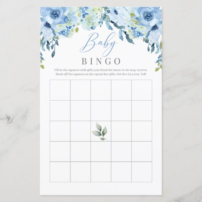 Dusty Blue Flowers Roses Baby Bingo Game (Front)
