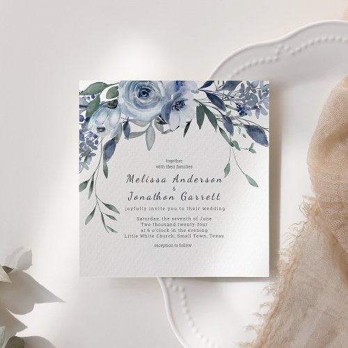 Dusty Blue Flowers Roses Wedding Invitation