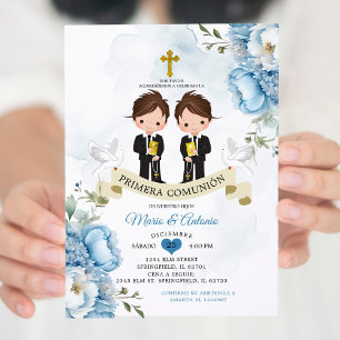 Dusty Blue Flowers Spanish Twins Primera Comunión Invitation