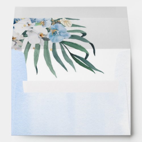 Dusty Blue Flowers Tropical Palm Leaves Elegant Envelope