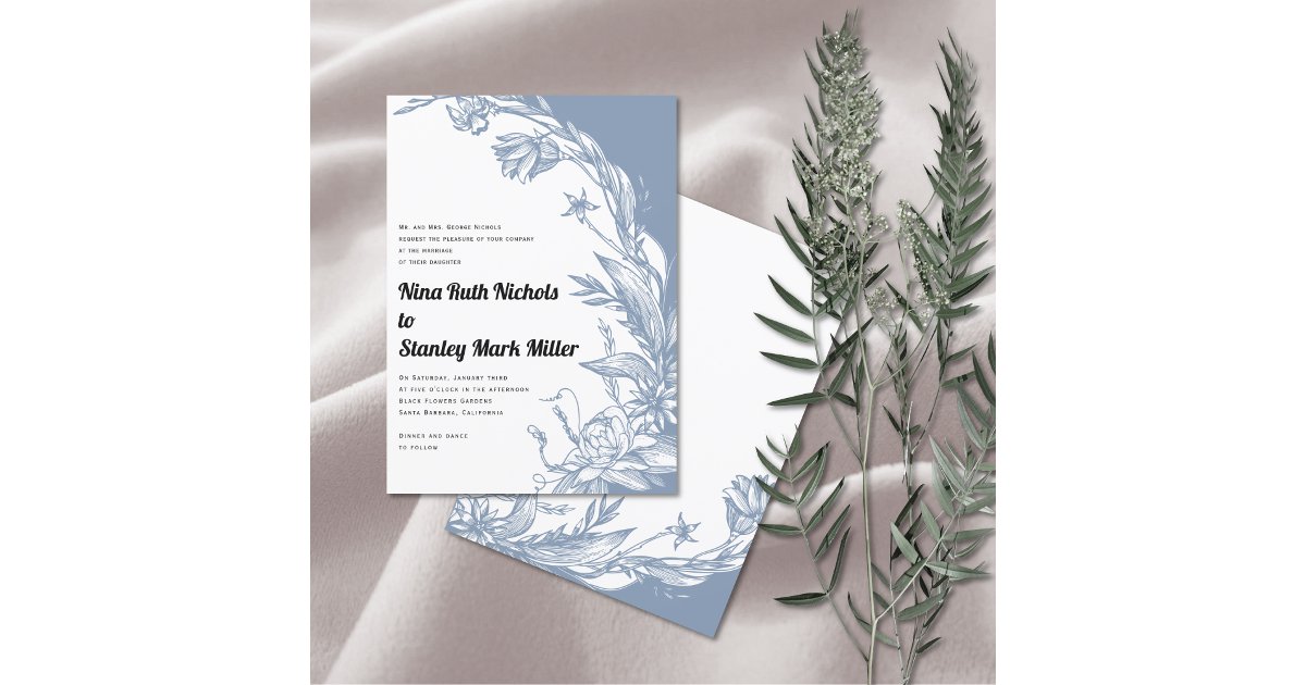 Dusty blue flowers typography floral wedding invitation | Zazzle
